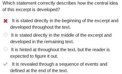 Which statement correctly describes how the central idea of this excerpt is developed-example-1