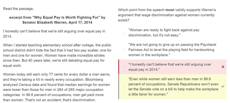 Which point from the speech most validly supports Warren's argument that wage discrimination-example-1