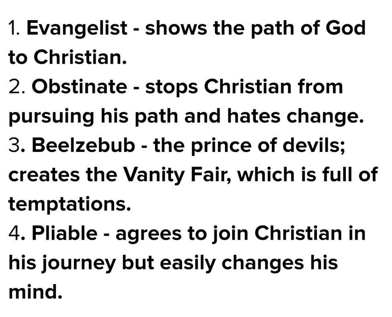 Evangelist Obstinate Beelzebub Pliable the prince of devils; creates the Vanity Fair-example-1