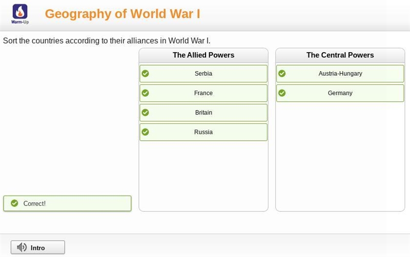 Sort the countries according to the alliances in World War I-example-1