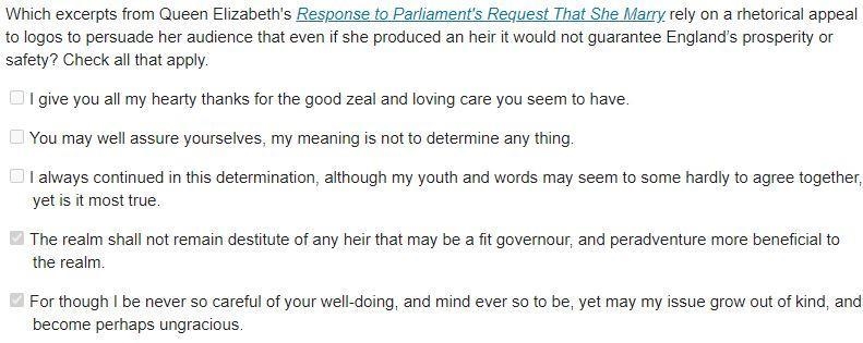 Which excerpts from Queen Elizabeth's Response to Parliament's Request That She Marry-example-1