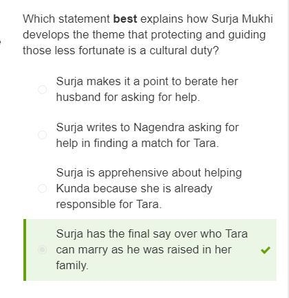 Which statement best explains how Surja Mukhi develops the theme that protecting and-example-1