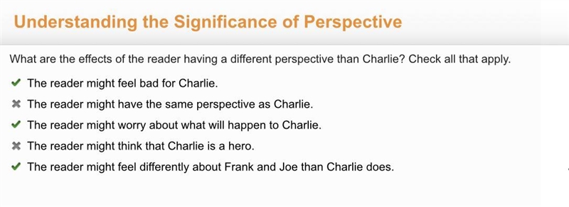 What are the effects of the reader having a different perspective than Charlie? Check-example-1