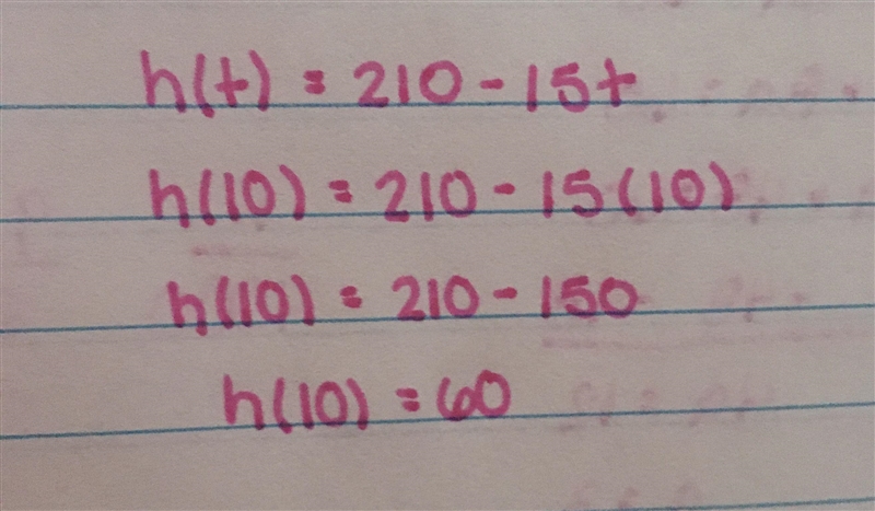 The function h(t) = 210 - 15t models the altitude of a hot air balloon over time t-example-1