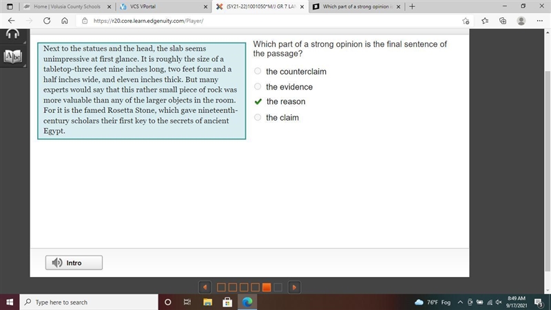 Which part of a strong opinion is the final sentence of the passage? the counterclaim-example-1