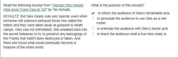 Read the following excerpt from "Woman Who Helped Hide Anne Frank Dies at 100&quot-example-1