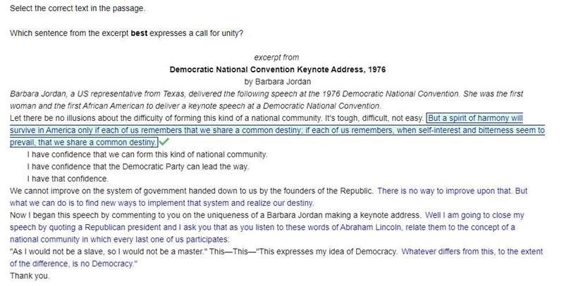 Which sentence from the excerpt best expresses a call for unity? Democratic national-example-1