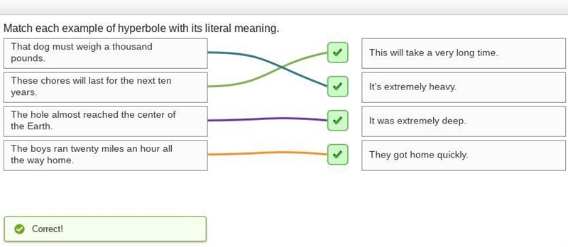 Match each example of hyperbole with its literal meaning. The boys ran twenty miles-example-1