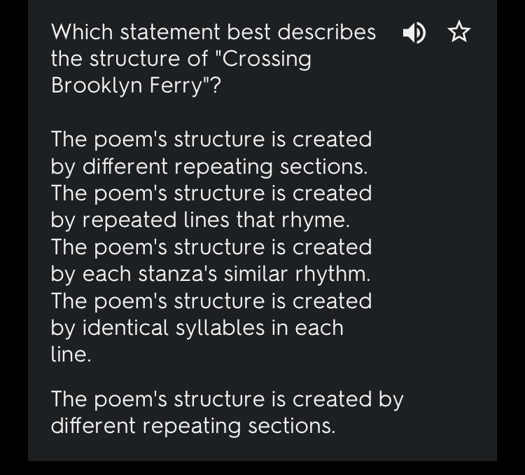 Which statement best describes the structure of “Crossing Brooklyn Ferry”?-example-1