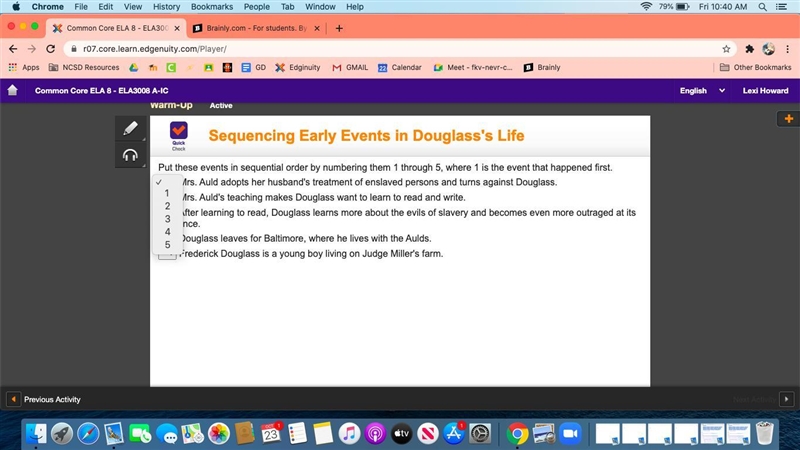 Put these events in sequential order by numbering them 1 through 5, where 1 is the-example-1