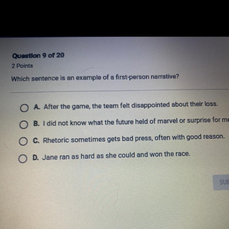 Which sentence is an example of a first-person narrative?-example-1