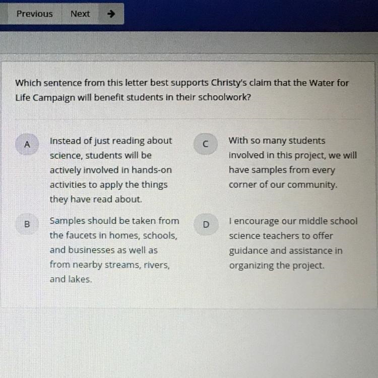 Which sentence from this letter best supports Christy’s claim that the Water for Life-example-1