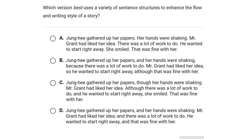 which version best uses a variety of sentence structures to enhance the flow and writing-example-1