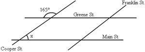 Four roads intersect as shown in the diagram. Greene Street and Main Street are parallel-example-1