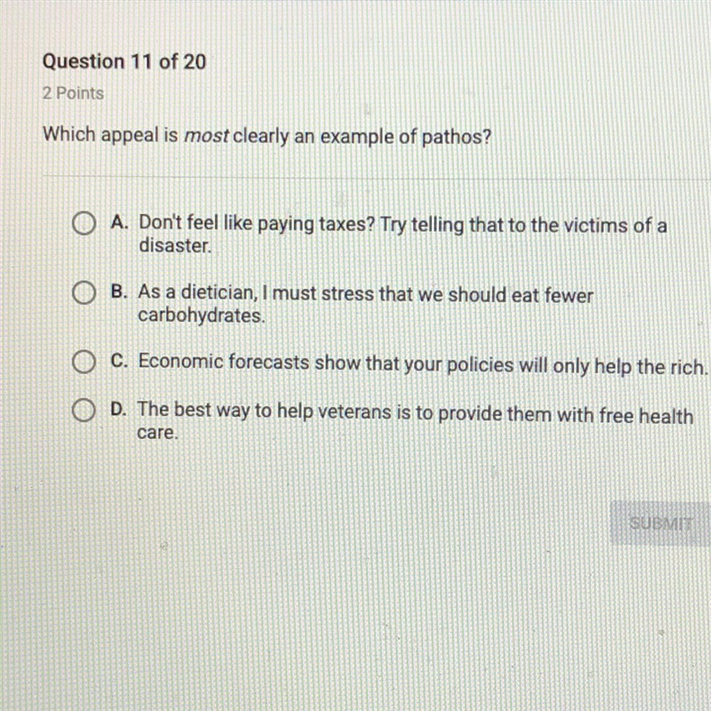 Which appeal is most clearly an example of pathos?-example-1