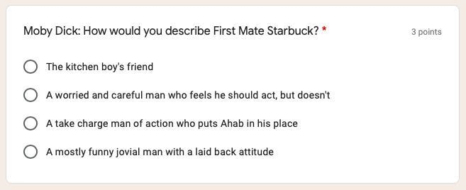 Moby Dickk: How would you describe First Mate Starbuck? a. The kitchen boy's friend-example-1