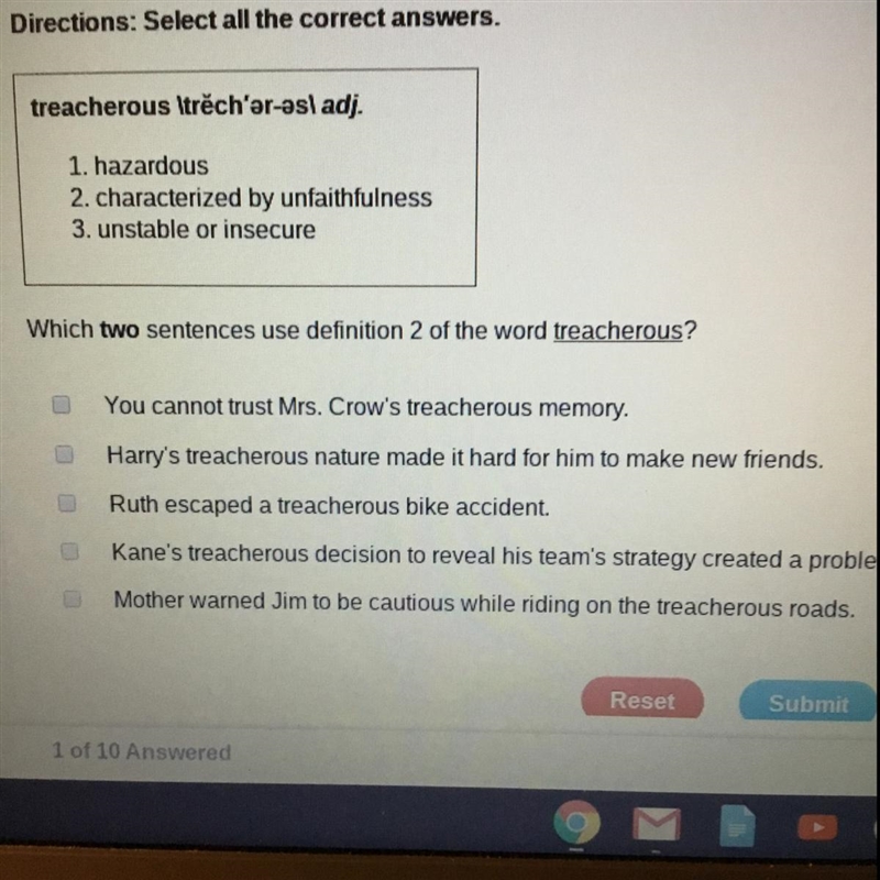 Which two sentences use definition 2 of the word treacherous-example-1