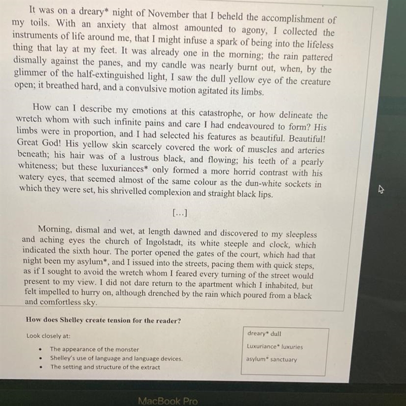 How does Shelley create tension for the reader( analyze the extract in the photo)-example-1