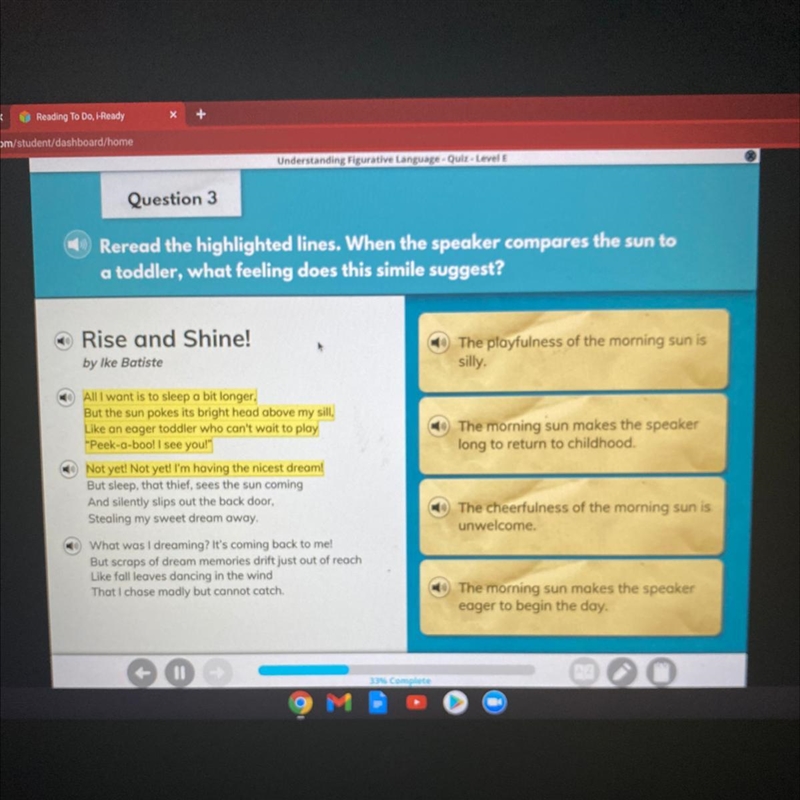 Reread the highlighted lines. When the speaker compares the sun to a toddler, what-example-1