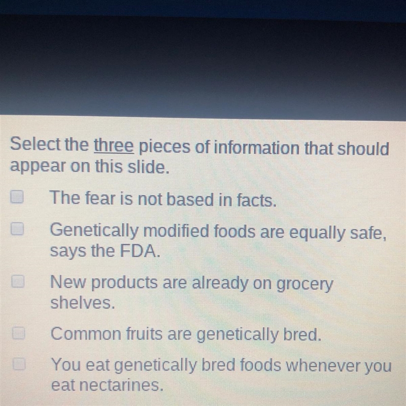 Select the three pieces of information that should appear on this slide. The fear-example-1