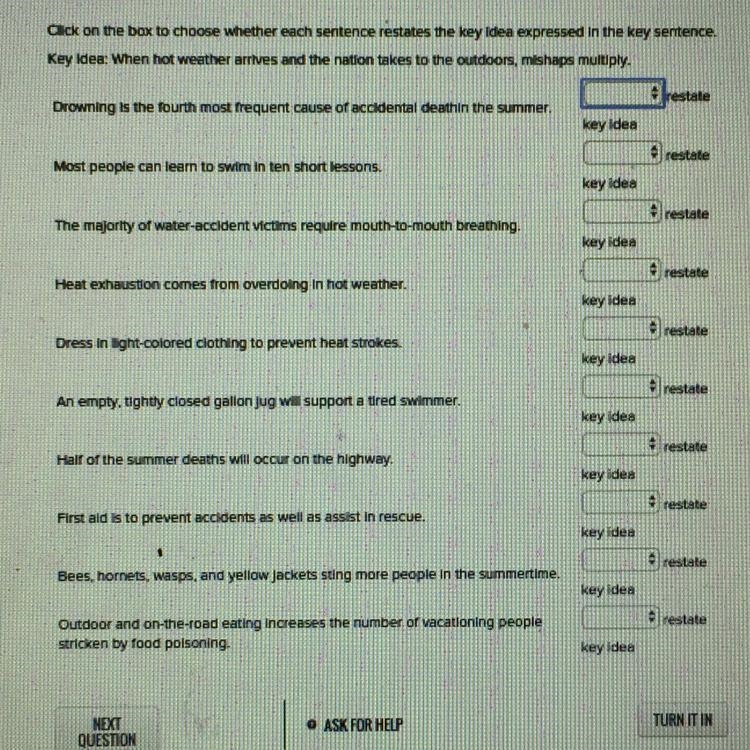 Click on the box to choose whether each sentence restates the key idea expressed in-example-1