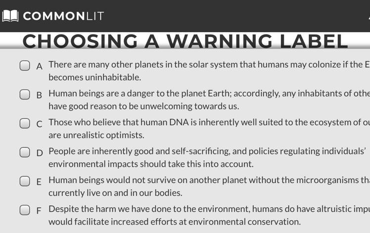 Choosing a warning label for human DNA PART A: Which TWO statements best summarize-example-1