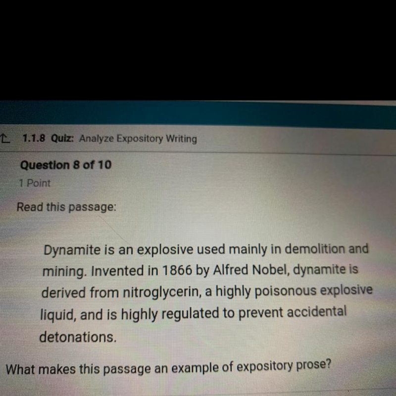 What makes this passage an example of expository prose? A. it includes informal expressions-example-1