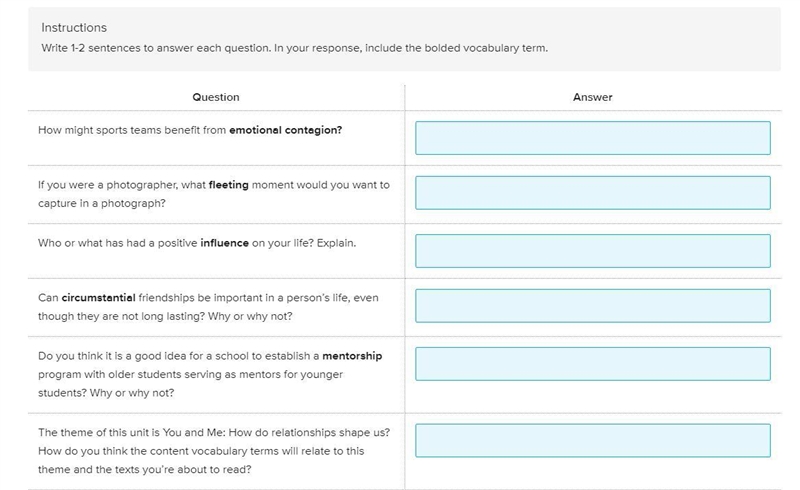 Write 1-2 sentences to answer each question. In your response, include the bolded-example-1