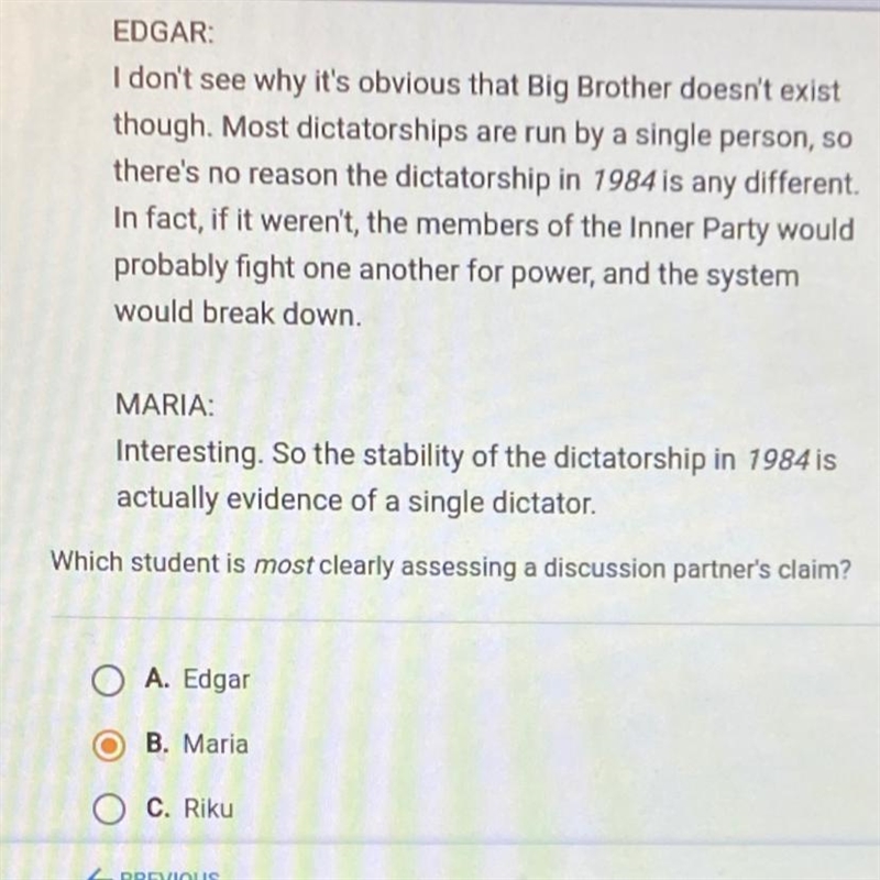 Which student is most clearly assessing a discussion partner’s claim? A. Edgar B. Maria-example-1