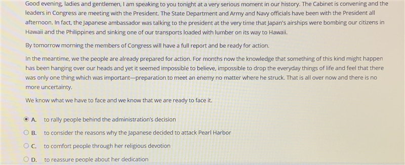 Help pls Read the excerpt from a speech by Eleanor Roosevelt after the Japanese attacked-example-1