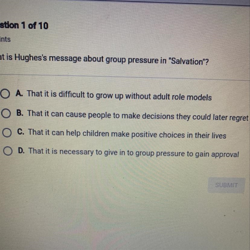 What is Hughes's message about group pressure in "Salvation”?-example-1