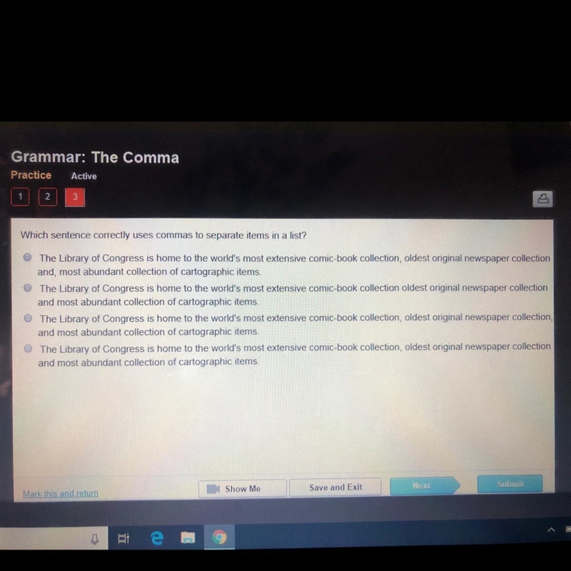 Which sentence correctly used commas to separate items in a list?-example-1