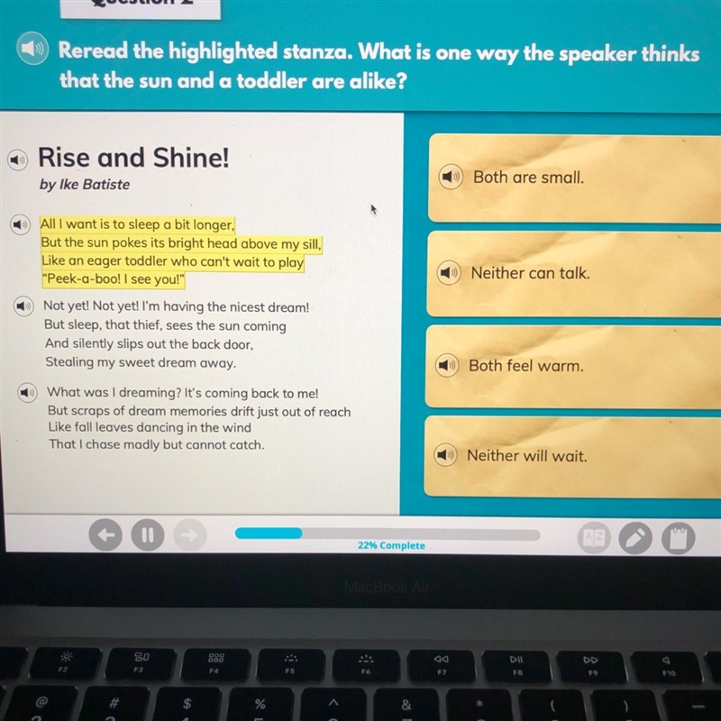 Reread the highlighted stanza. What is one way the speaker thinks that the sun and-example-1