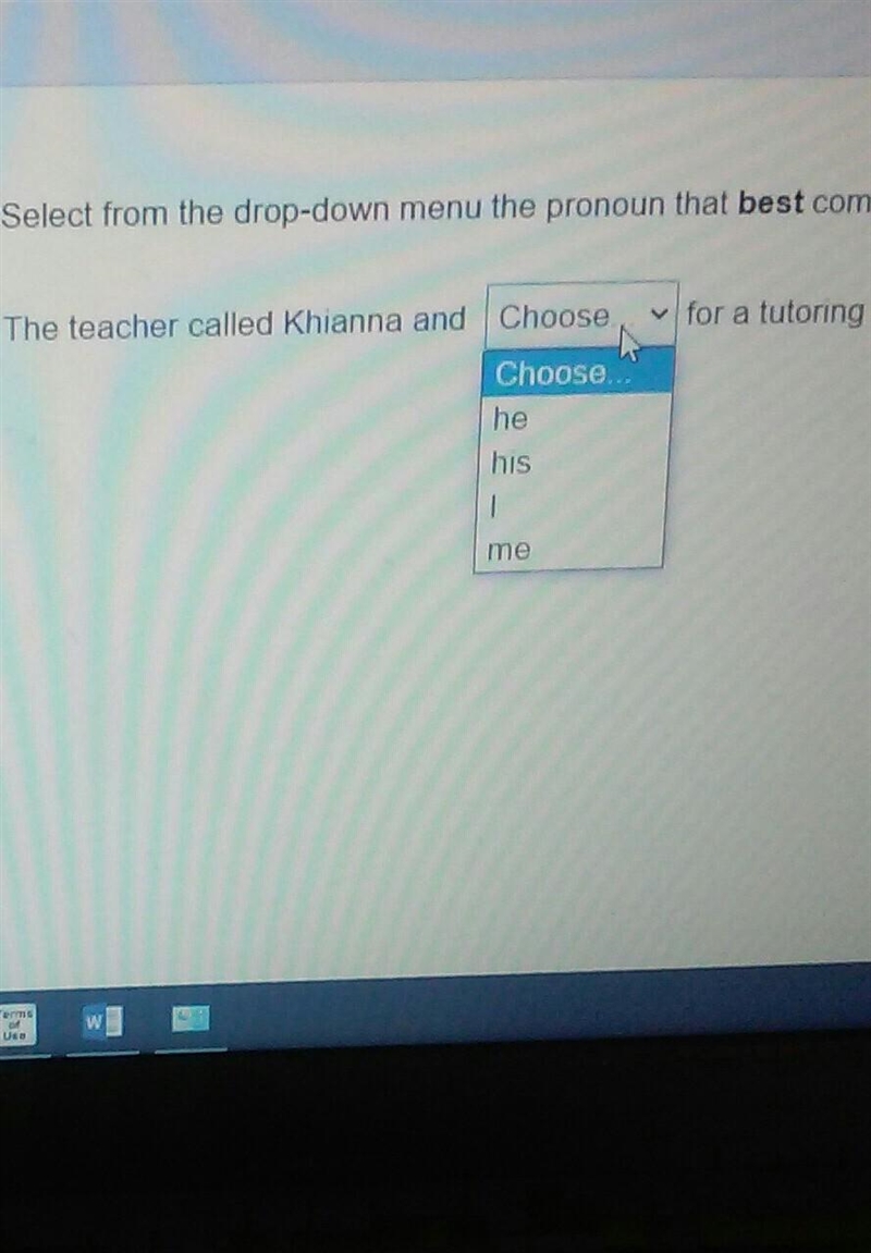 Select from the drop-down menu the pronoun that best completes the sentence. The teacher-example-1