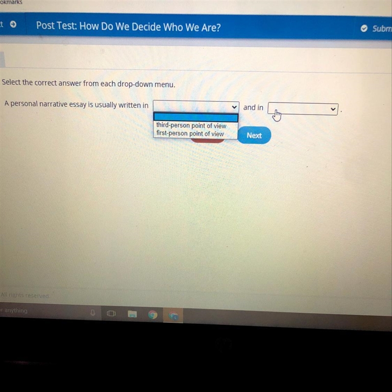 Select the correct answer from each drop-down menu. A personal narrative essay is-example-1