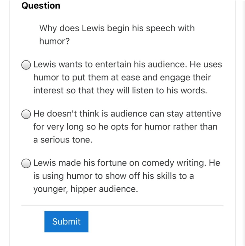 Why does Lewis begin his speech with humor?-example-1