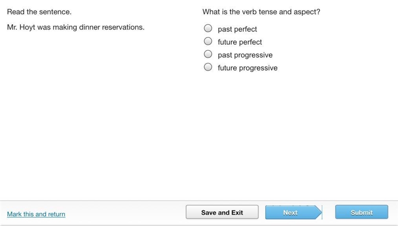 Read the sentence. Mr. Hoyt was making dinner reservations. What is the verb tense-example-1