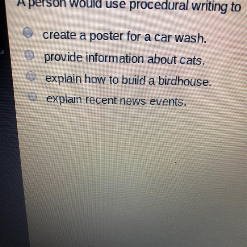 A person would use procedural writing to create a poster for a car wash. provide information-example-1