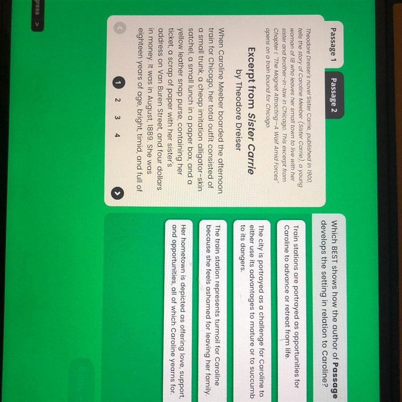 Which BEST shows how the author of Passage 1 develops the setting in relation to Caroline-example-1