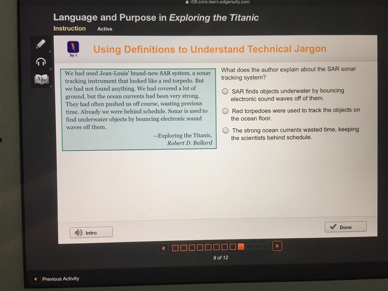 What does the author explain about the SAR sonar tracking system? SAR finds objects-example-1