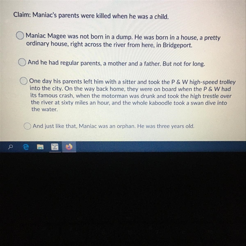 Please help 20 points Read the passage below: They say Maniac Magee was born in a-example-1