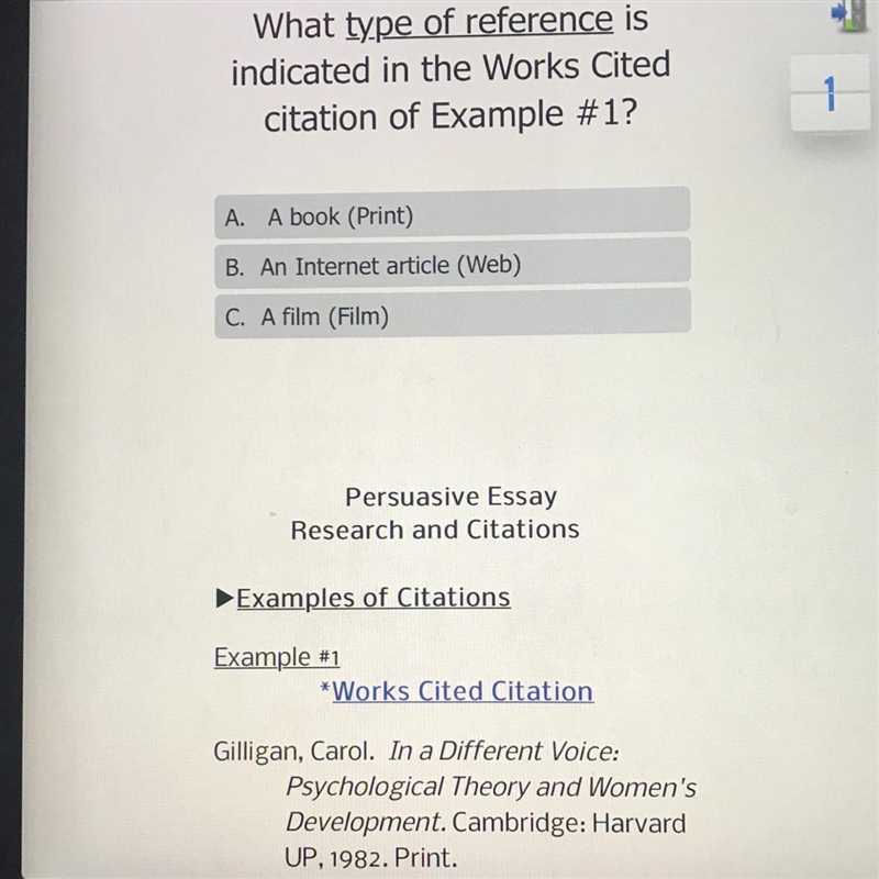 What type of reference is indicated in the works cited citation of example # 1-example-1