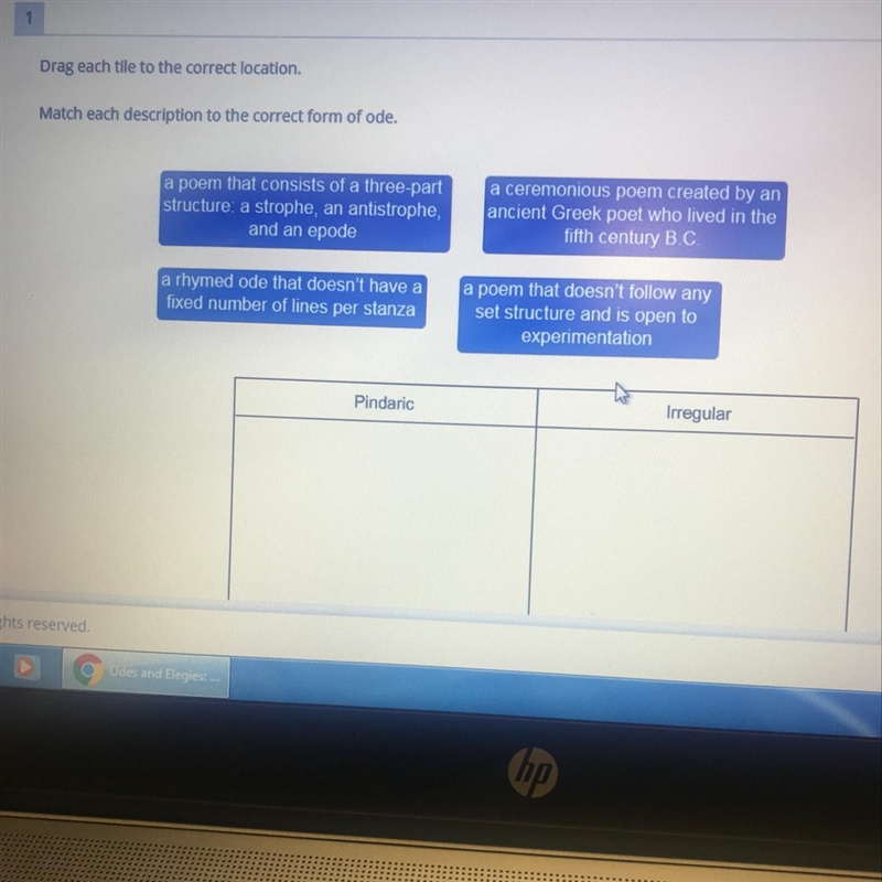 Match each description to the correct form of ode, a poem that consists of a three-example-1