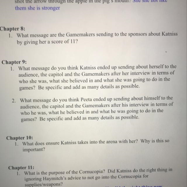 Can y’all answer these questions for me chapter 8-10 on the hunger games-example-1