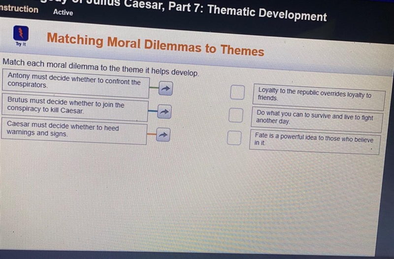 Match each moral dilemma to the theme it helps develop?-example-1