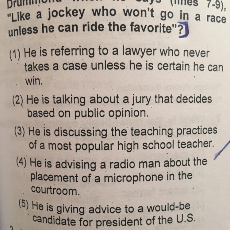 What is meant by the defense lawyer Drummond when he says (lines 7-9) , a jockey who-example-1