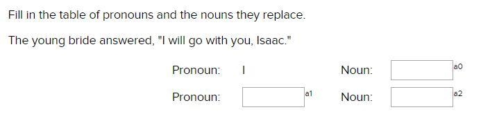 Fill in the table of pronouns and the nouns they replace. The young bride answered-example-1