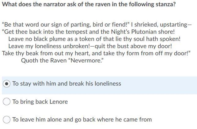 What does the narrator ask of the raven in the following stanza?-example-1