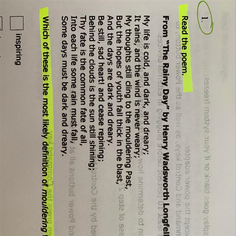 Which of these is most likely definition of mouldering the poem ? A. Inspiring B. Decaying-example-1