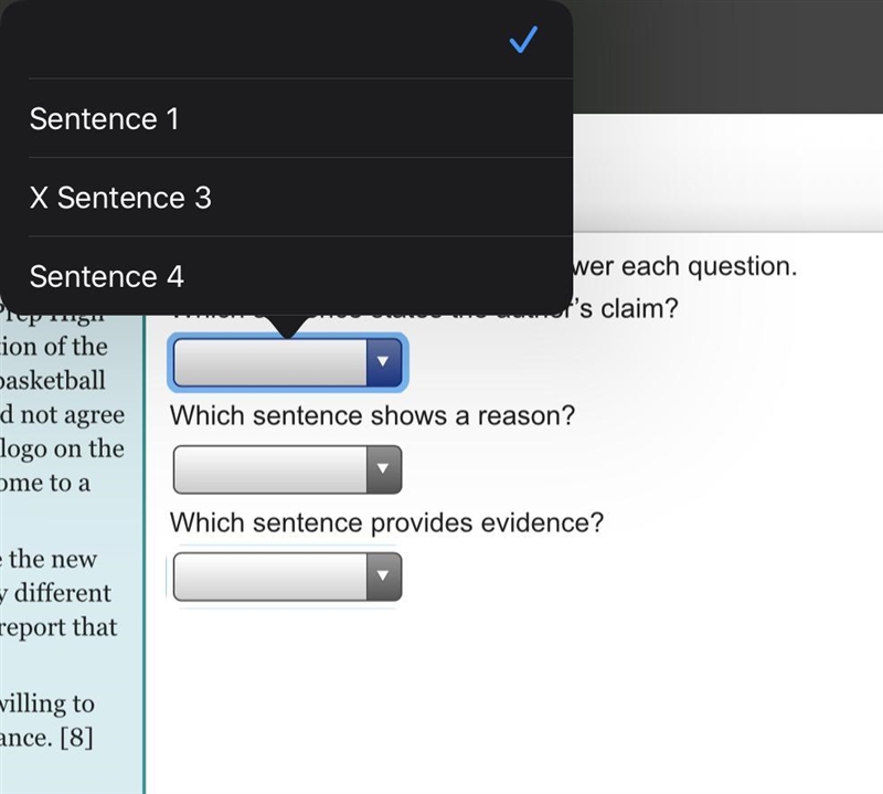 Use the drop-down menus to answer each question. 1. Which sentence states the author-example-2